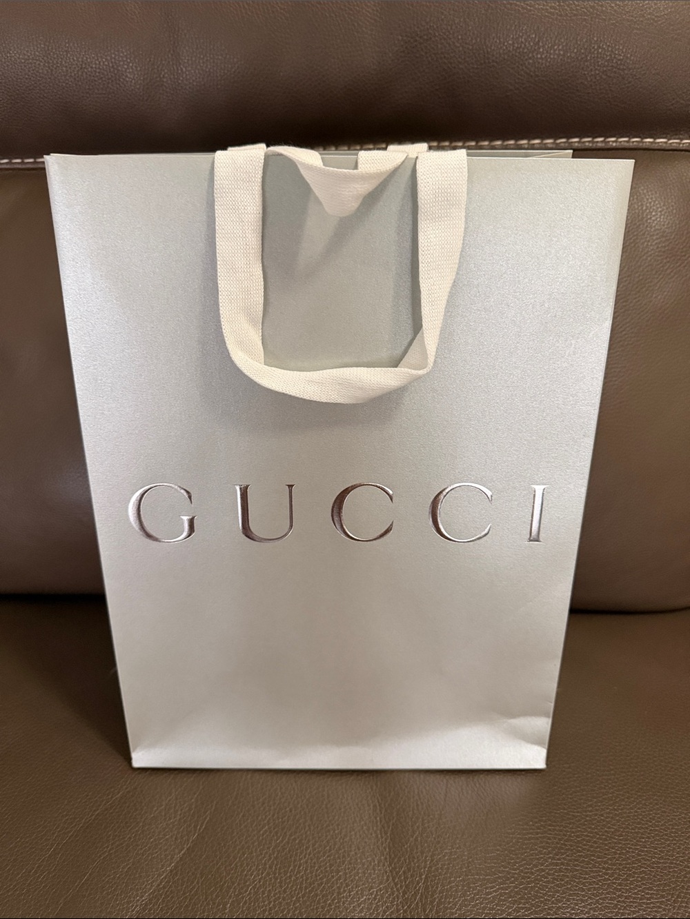 Gucci Silver Shimmer Gift Bag with White Fabric  Handles